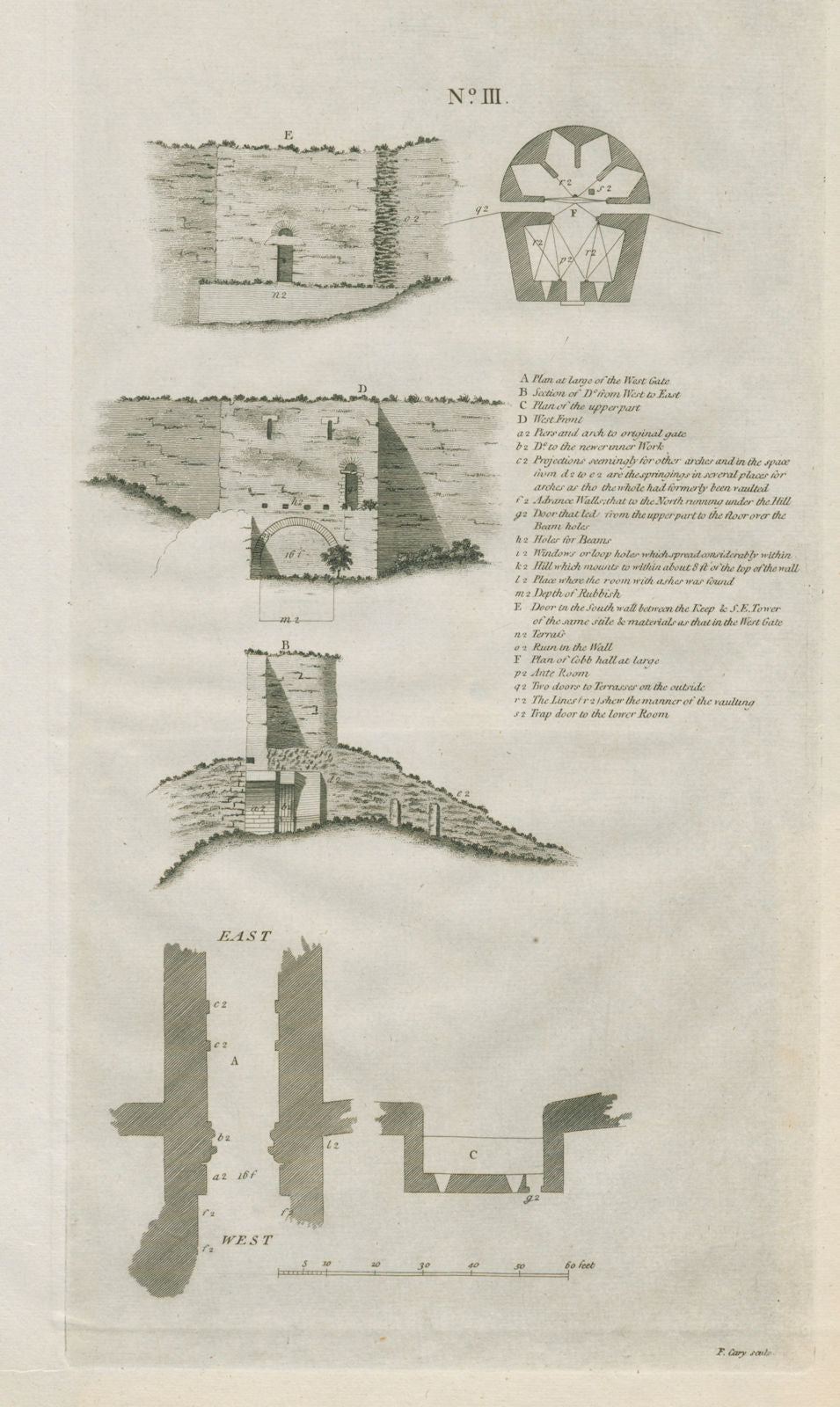 Lincoln castle No 3. Plan & elevation by Francis CARY 1789 old antique print